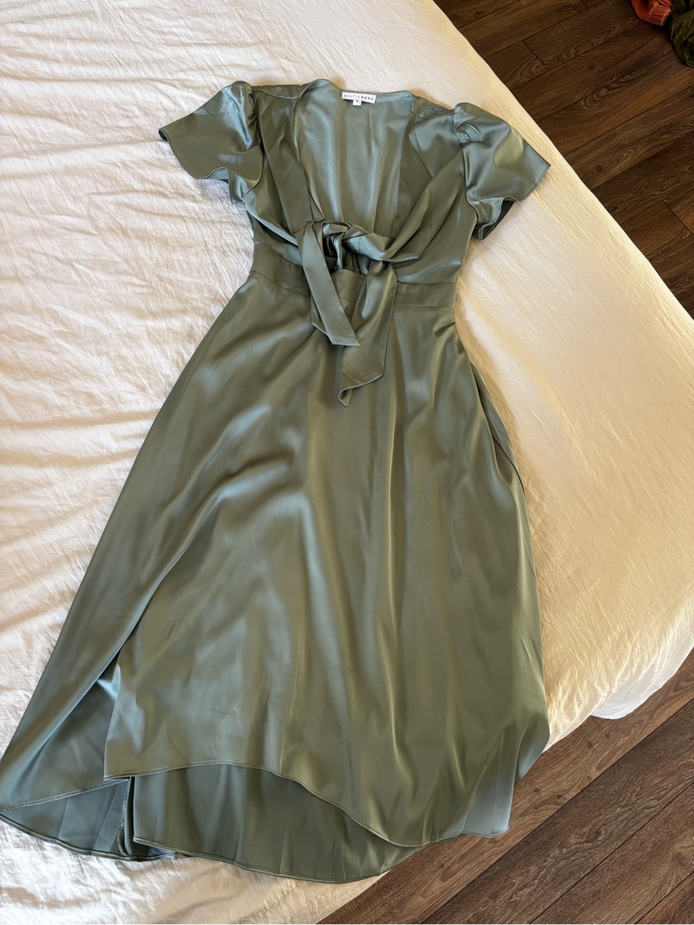 Baltic Born Satin Tie-Front Midi Dress in Sage Green